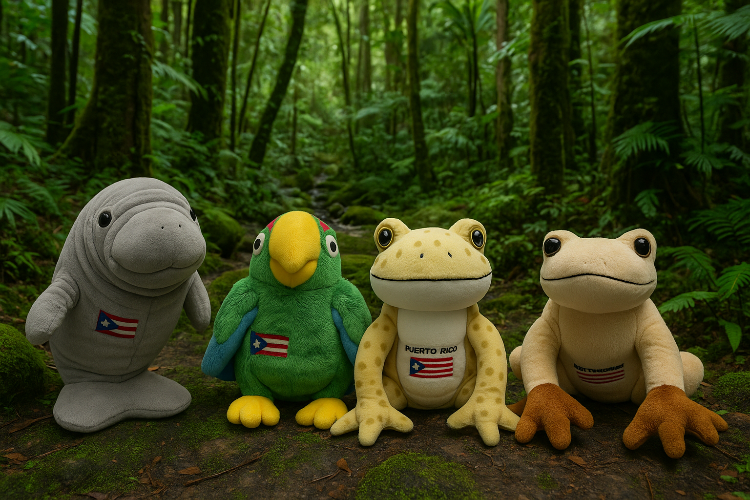 Puerto Rico Iconic Plush Combo – Parrot, Coquí, Manatee & Sapo Concho | Combo de Peluches Icónicos de Puerto Rico – Cotorra, Coquí, Manatí y Sapo Concho