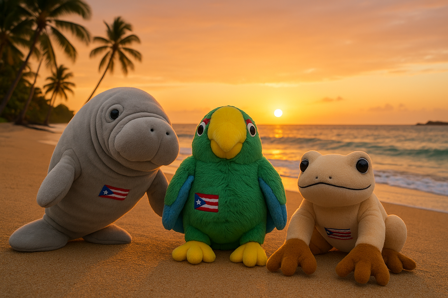 Puerto Rico Wildlife Plush Combo – Parrot, Coquí & Manatee | Combo de Peluches de la Fauna de Puerto Rico – Loro, Coquí y Manatí